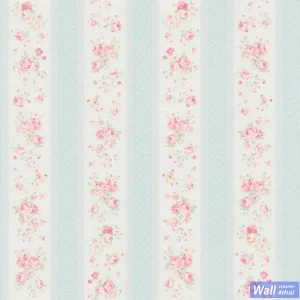 วอลเปเปอร์ลายดอกไม้สีแดง สลับลายทางสีฟ้าขาว
