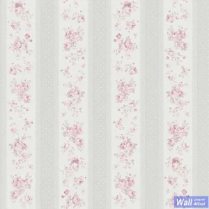 วอลเปเปอร์ลายดอกไม้สีม่วงอ่อน สลับลายทางสีเทาขาว