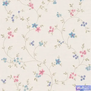 วอลเปเปอร์ลายดอกไม้สีชมพูฟ้า พื้นสีครีม