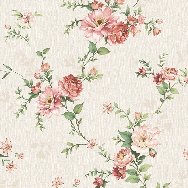 วอลเปเปอร์ลายดอกไม้สีชมพู-โอรส พื้นสีน้ำตาลอ่อน No.52513-2
