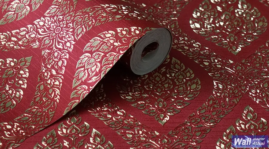 วอลเปเปอร์ลายเทพพนม สีทองพื้นสีแดง