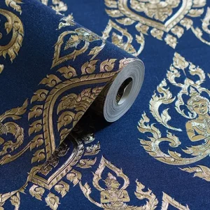 วอลเปเปอร์ลายเทพพนม สีทองพื้นสีน้ำเงิน