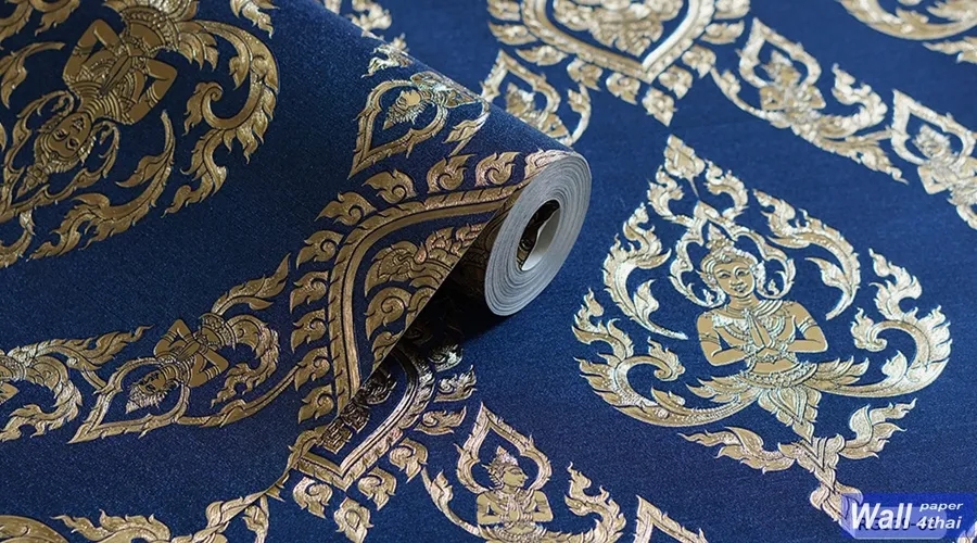 วอลเปเปอร์ลายเทพพนม สีทองพื้นสีน้ำเงิน