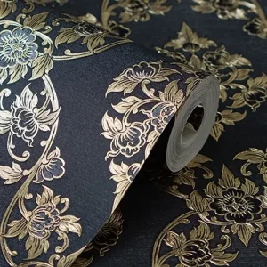 วอลเปเปอร์ลายไทย ดอกพุดตาน สีทองพื้นสีดำ