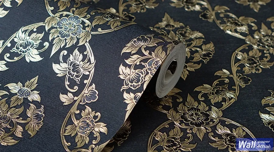 วอลเปเปอร์ลายไทย ดอกพุดตาน สีทองพื้นสีดำ
