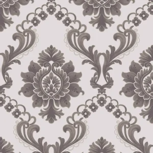 วอลเปเปอร์ลายหลุยส์ พื้นสีขาว ลายสีเทาม่วง มีกลิตเตอร์ No.AW27-2