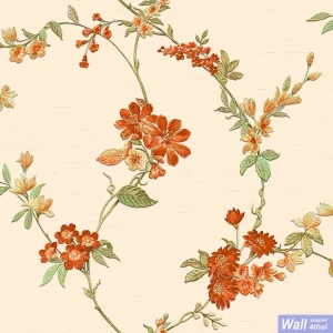 วอลเปเปอร์ลายดอกไม้สีส้ม พื้นหลังสีครีม เทกเจอร์ผ้า No.FT221211