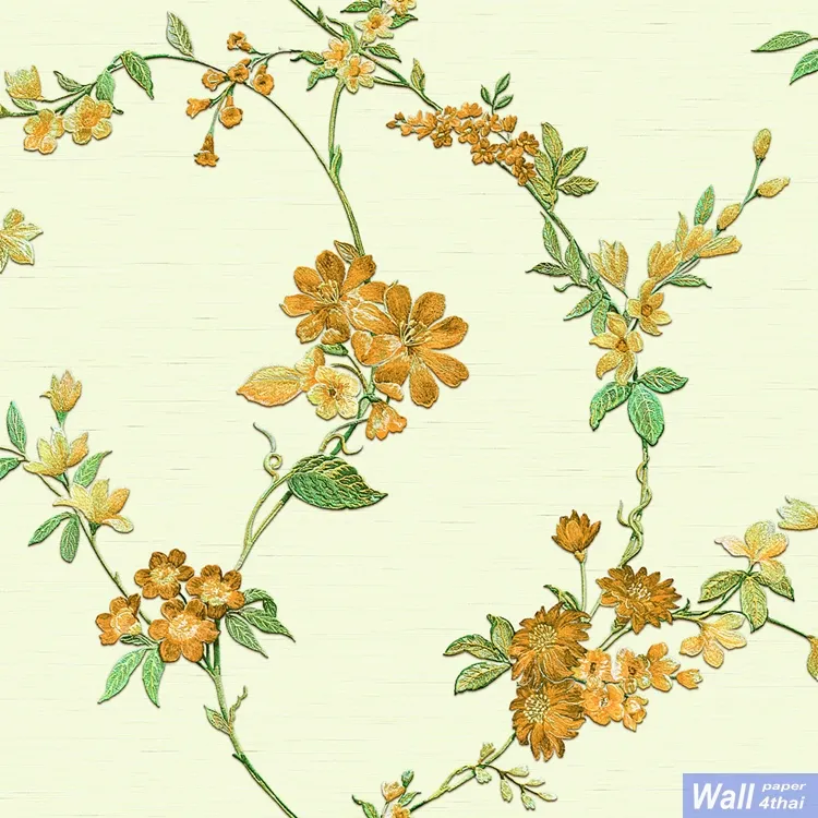 วอลเปเปอร์ลายดอกไม้สีส้ม พื้นหลังสีเขียว เทกเจอร์ผ้า No.FT221212