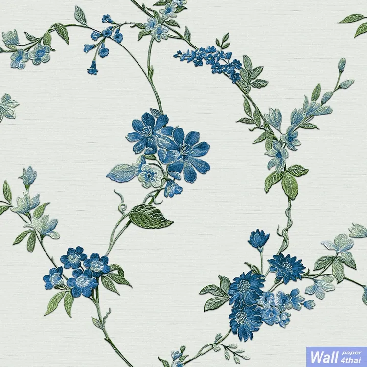 วอลเปเปอร์ลายดอกไม้สีน้ำเงิน พื้นหลังสีฟ้าขาว เทกเจอร์ผ้า No.FT221213