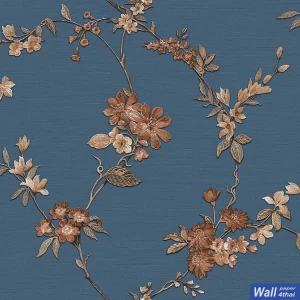 วอลเปเปอร์ลายดอกไม้สีส้ม พื้นหลังสีน้ำเงิน เทกเจอร์ร์ผ้า No.FT221215