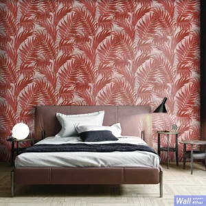 วอลเปเปอร์ติดผนังลายใบไม้ สีส้ม เทกเจอร์ผ้าปัก No.GR322107