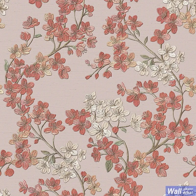 วอลเปเปอร์ติดผนังลายดอกไม้ พื้นหลังสีโอรส เทกเจอร์ผ้าปัก No.GR322204