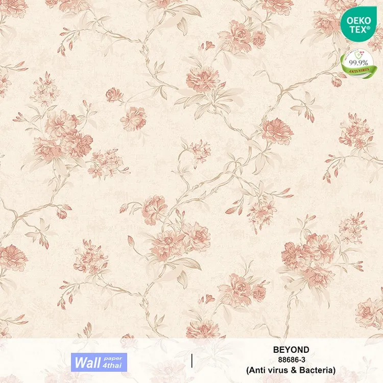 วอลเปเปอร์ลายดอกไม้วินเทจ ลายดอกกุหลาบสีชมพูพลาสเทล พื้นสีขาว No.88686-3