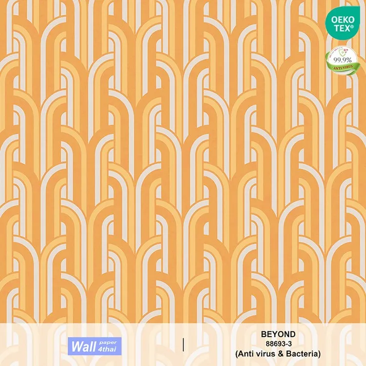 วอลเปเปอร์สไตล์โมเดิร์น ลายเรขาคณิต พื้นสีส้ม ลายสีทองสดและสีเงินเงาวาว No.88693-3