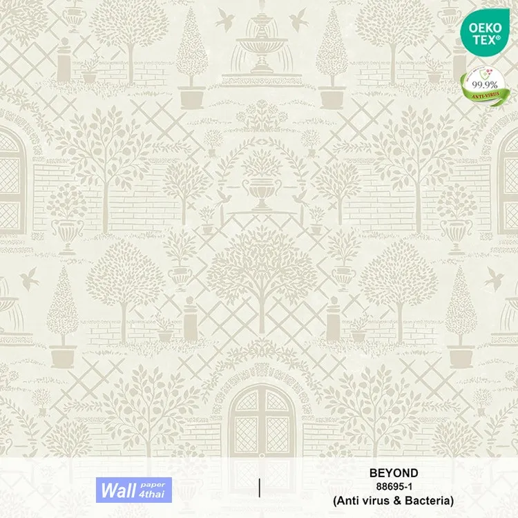 วอลเปเปอร์สไตล์Classic Eropean Garden พื้นหลังสีขาวครีม ลายสีเงิน No.88695-1