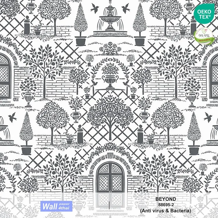 วอลเปเปอร์สไตล์Classic Eropean Garden พื้นหลังสีขาว ลายสีเขียวปนดำ No.88695-2