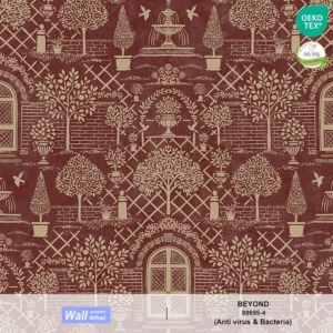 วอลเปเปอร์สไตล์Classic Eropean Garden พื้นหลังสีแดงเลือดนก ลายสีทอง No.88695-4