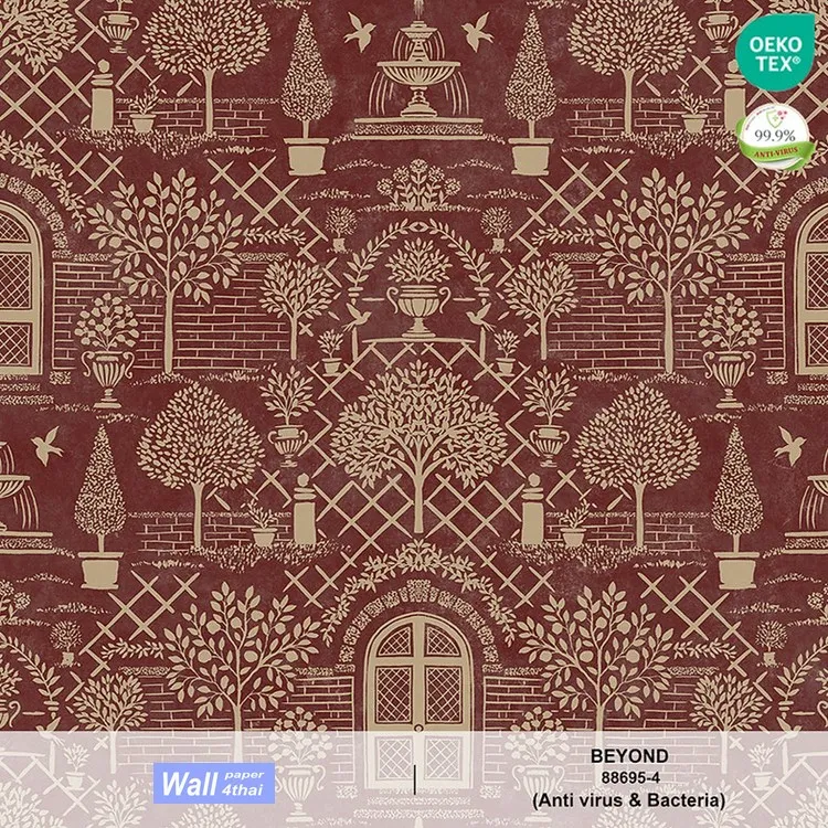 วอลเปเปอร์สไตล์Classic Eropean Garden พื้นหลังสีแดงเลือดนก ลายสีทอง No.88695-4